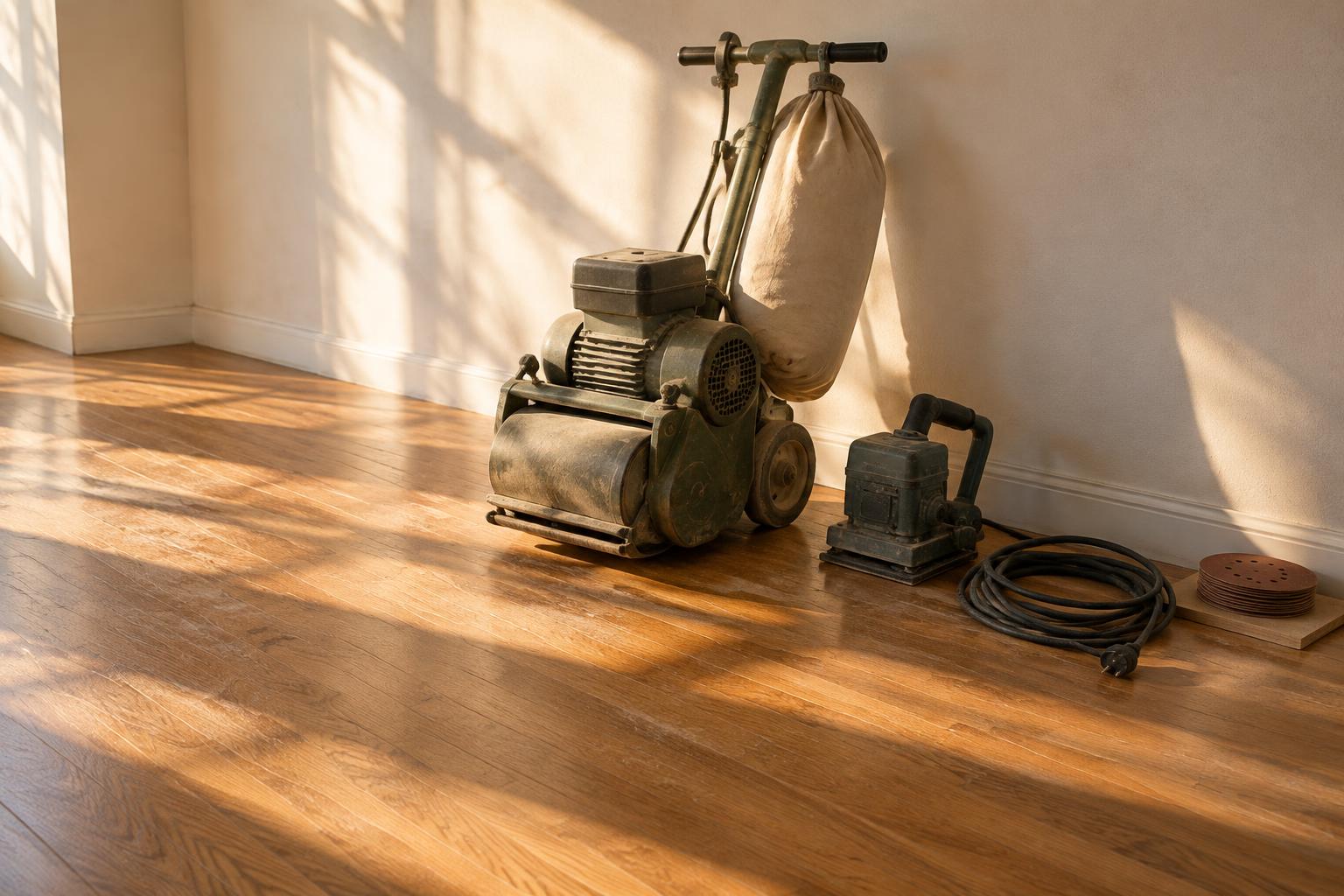 A drum sander and edge sander parked on a bare oak floor in an empty room, with low afternoon light across the boards